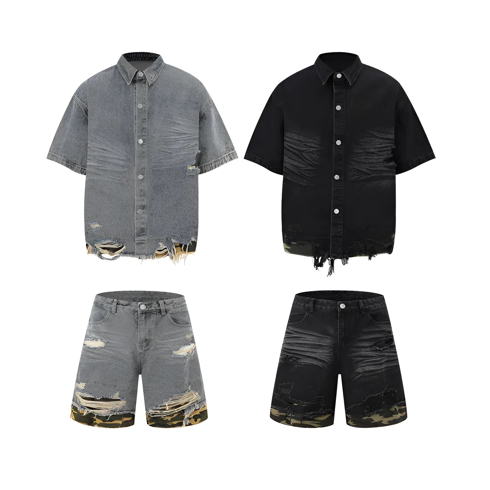 Black denim short sleeve suit with cut-edge stitching and leopard print, including top and shorts.
