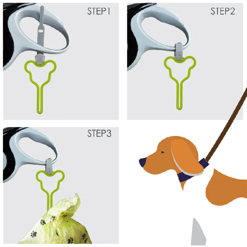 A hands-free dog poop bag holder with a fixed metal clip and a black Velcro strap for leash attachment.