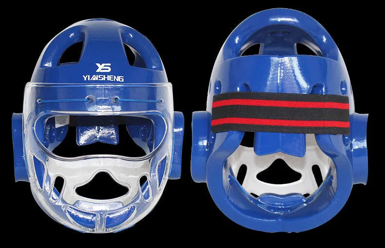 Karate protective helmet for boxing training in multiple colours including white, blue and red variants