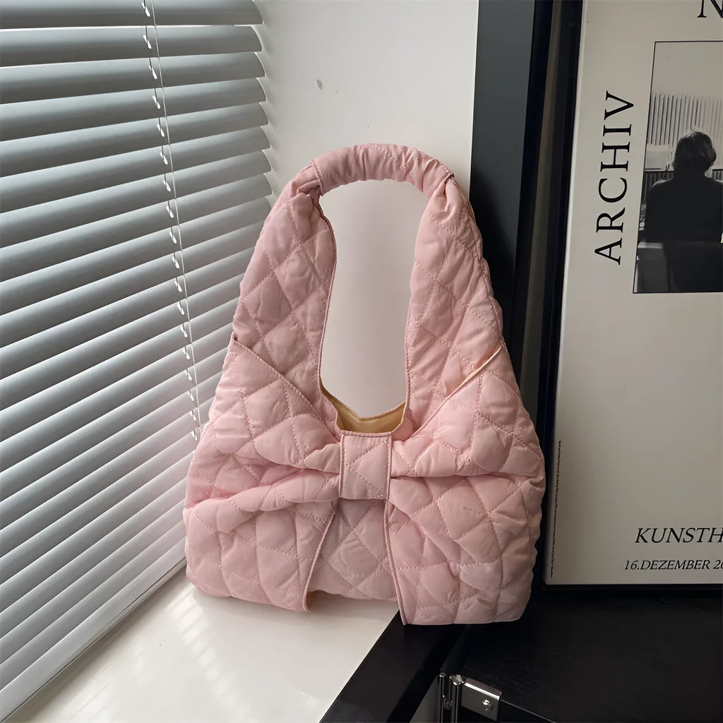 Women's one shoulder handbag in cotton with polyester lining, soft horizontal square shape, zipper change bag, shown in white black khaki pink