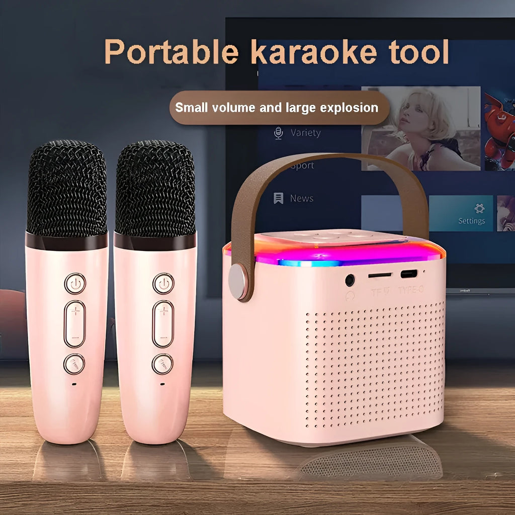 Bluetooth karaoke machine speaker with two wireless microphones and RGB light in pink, white, and blue models