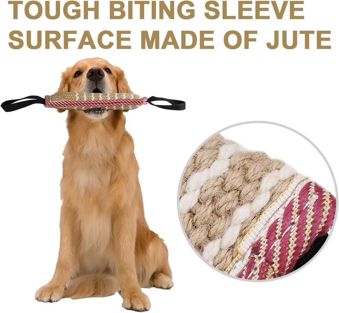 Beige and pink jute dog tug toy bite pillow with two fabric handles on a plain background.