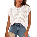 White loose women's pullover sweater with long crochet detail sleeves on a mannequin.