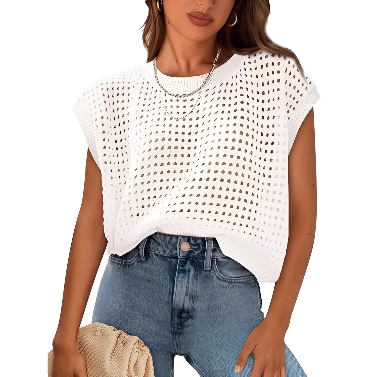 White loose women's pullover sweater with long crochet detail sleeves on a mannequin.