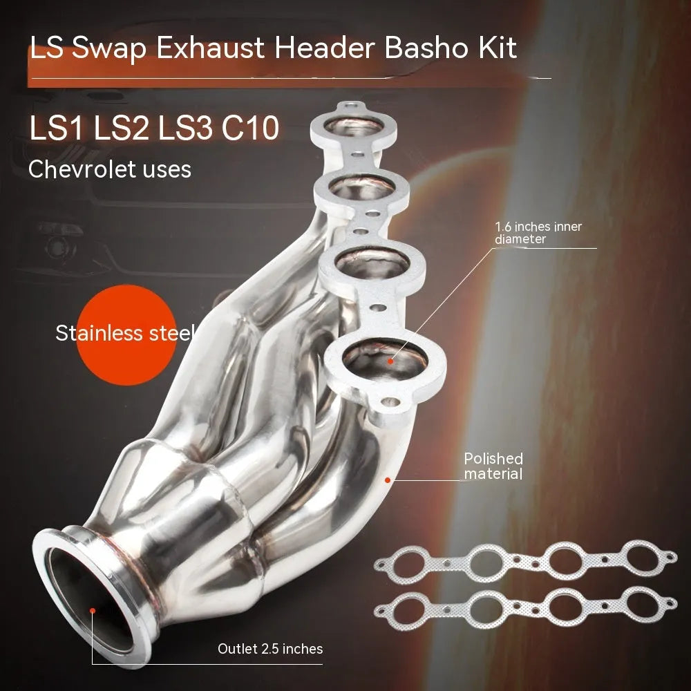 Modified silver 304 stainless steel exhaust manifold for Chevrolet LS engines