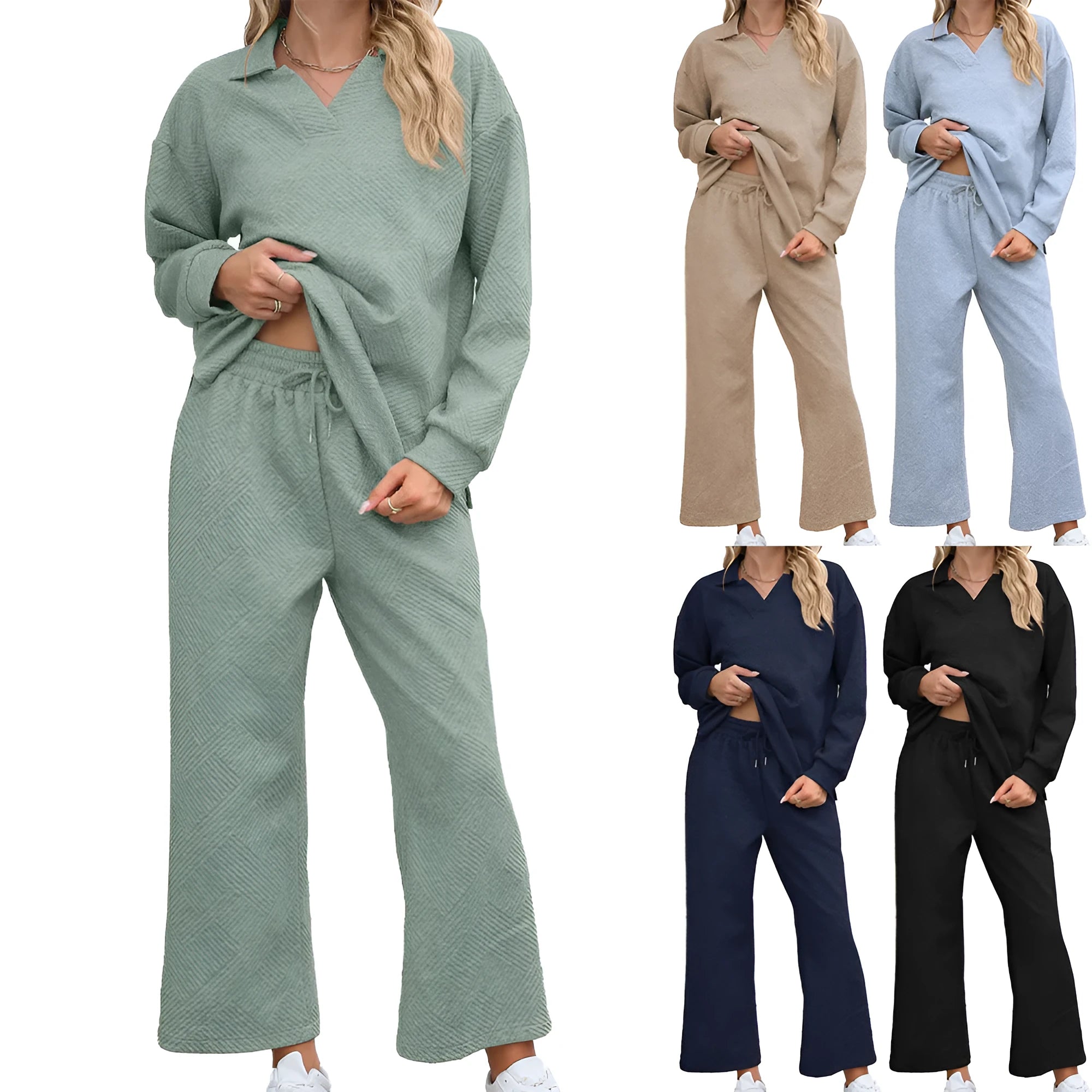 Women's solid colour knitted jacquard sweater and elastic waist trouser suit laid flat.