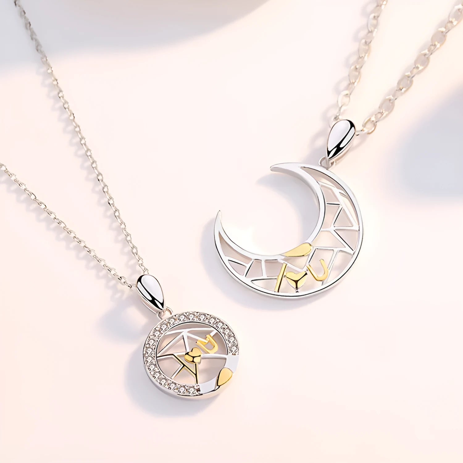 Copper sun moon couple necklace with electroplated finish and cross chain design