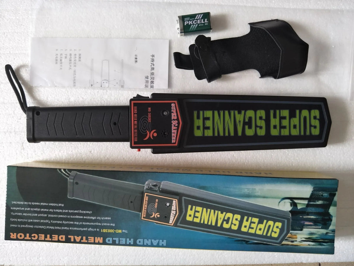 Black handheld metal detector with leather carrying case, 410mm length, for security screening