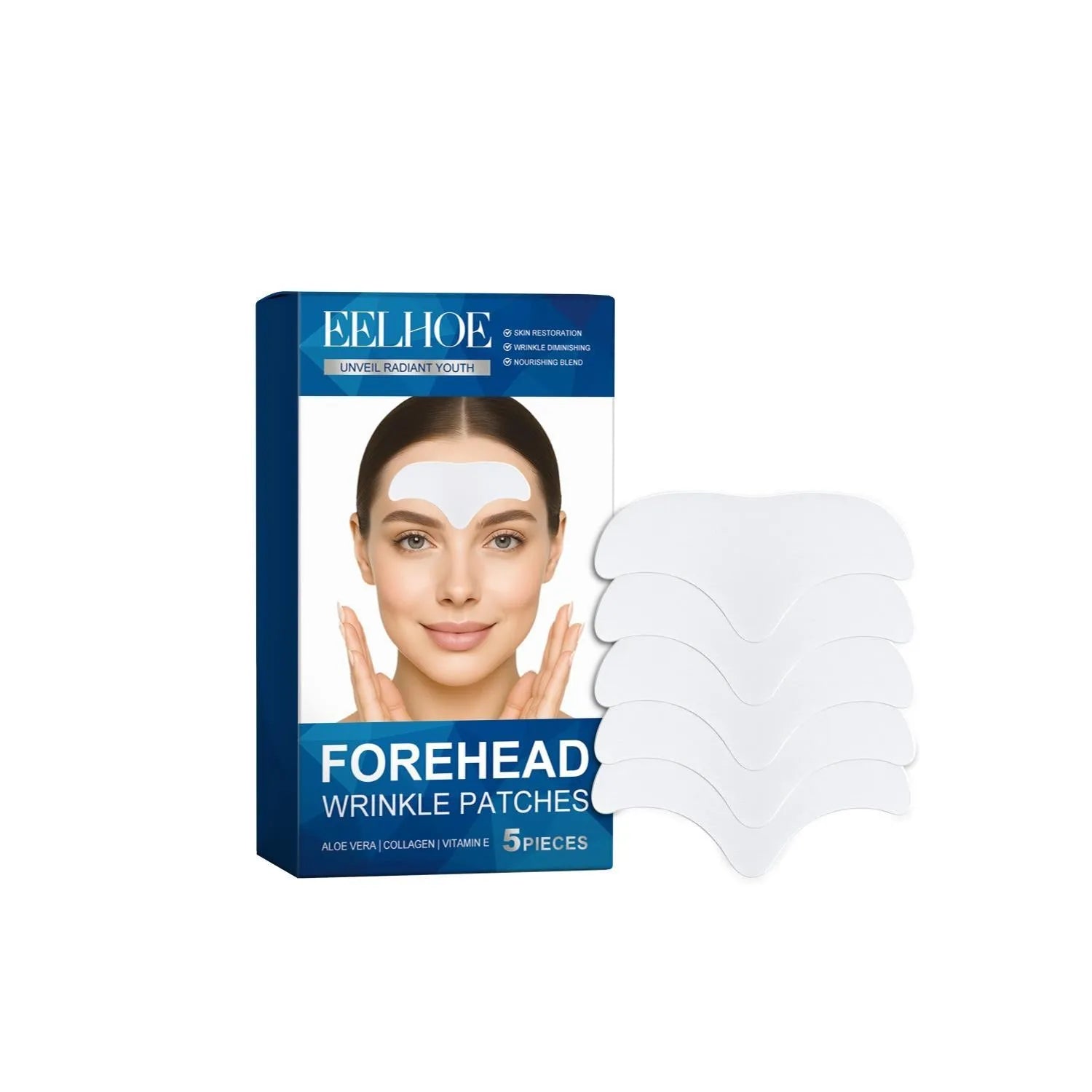Pack of 5 forehead skincare patches on non-woven fabric with moisturising ingredients
