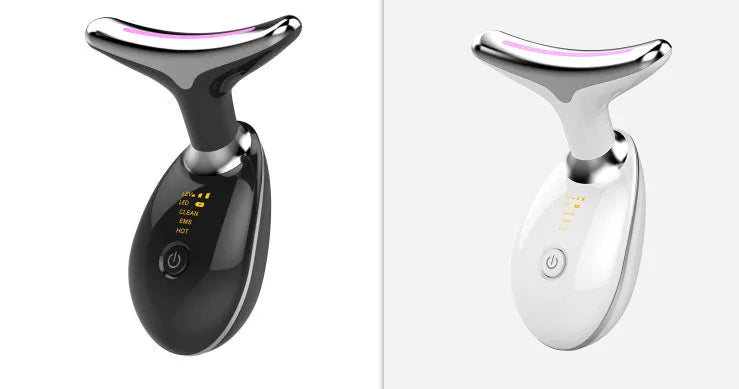 White and black neck fade care massage instrument, 89 x 47 x 120mm, USB rechargeable with EMS and 5 colour light
