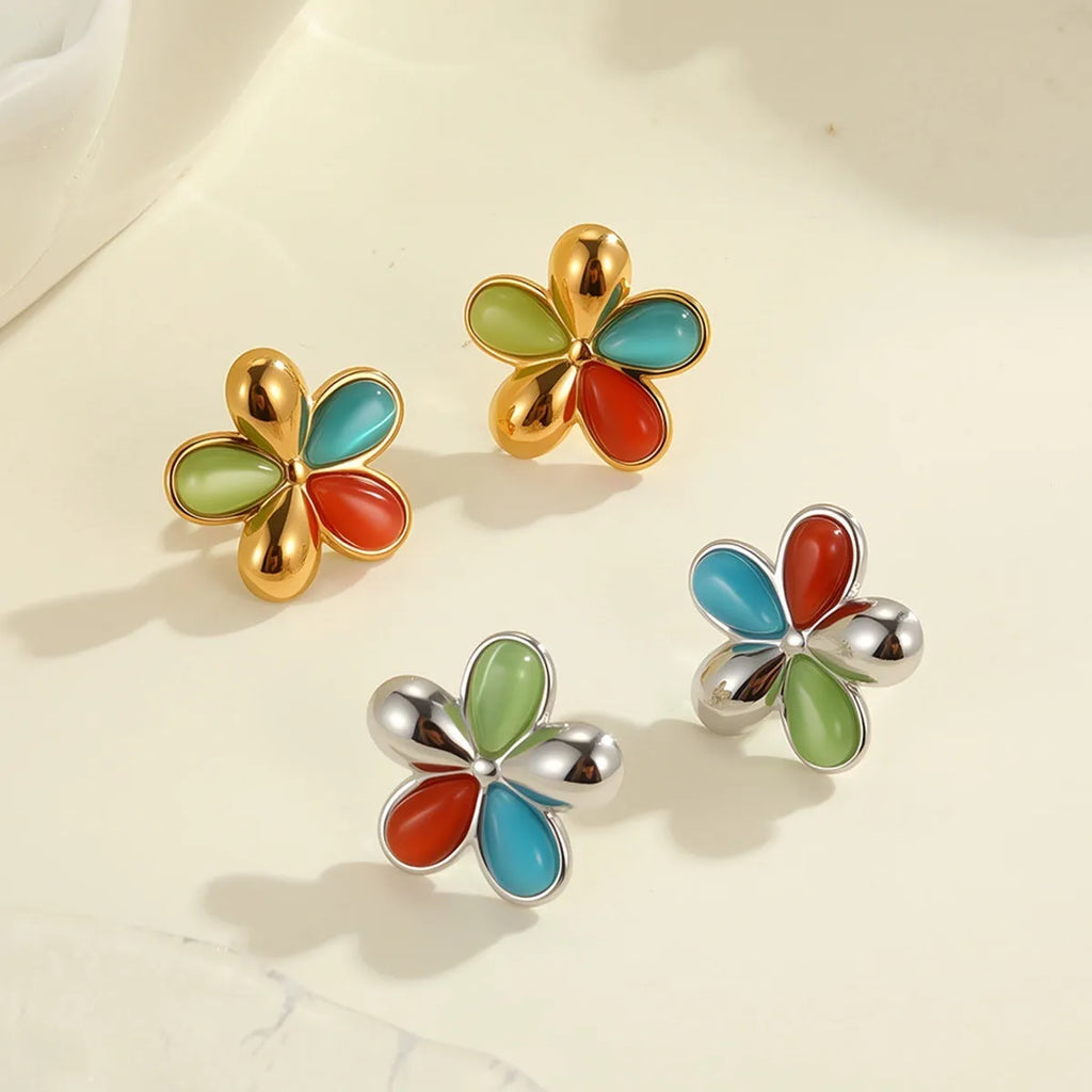 Colourful opal flower stainless steel stud earrings with 18K gold electroplated finish, pair of two earrings.