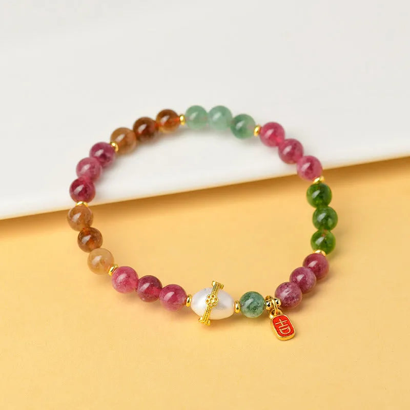 Geometric tourmaline and chalcedony bracelet with 6.5mm natural crystal beads