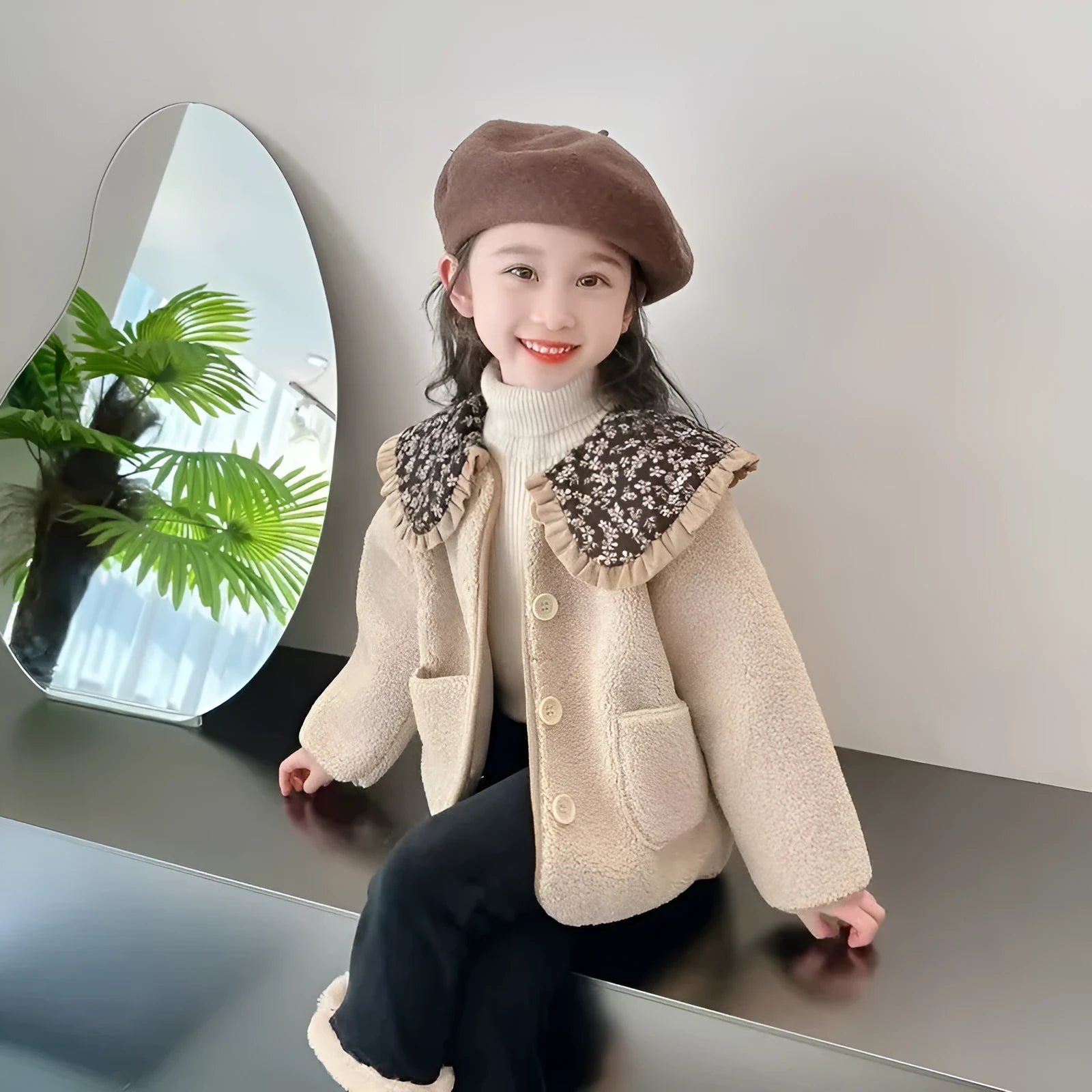 Mori style girls' fleece-lined winter coat in khaki colour for toddlers, long sleeves, polyester outer