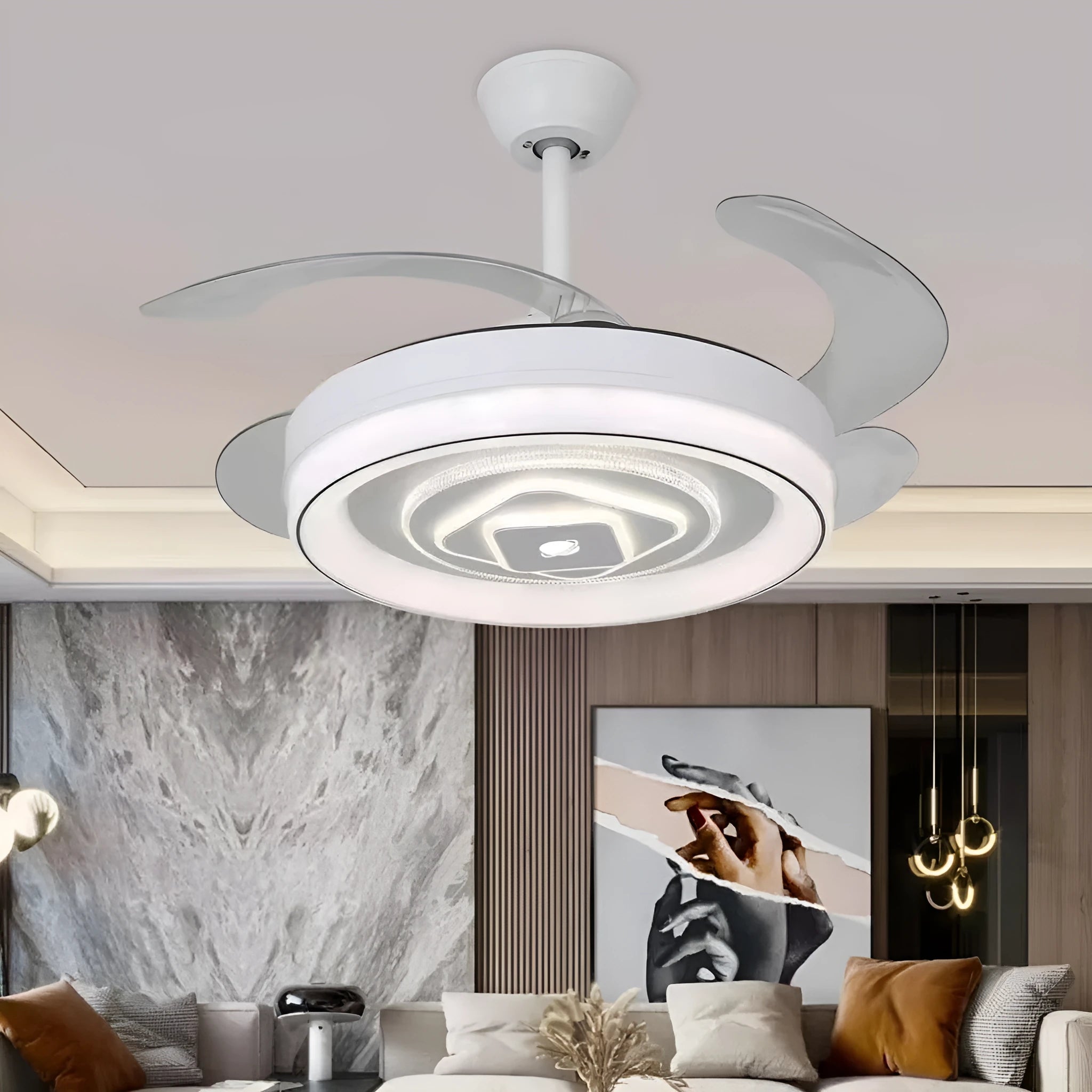 Nordic style ceiling fan light with invisible blades and integrated LED light fixture on a white ceiling.