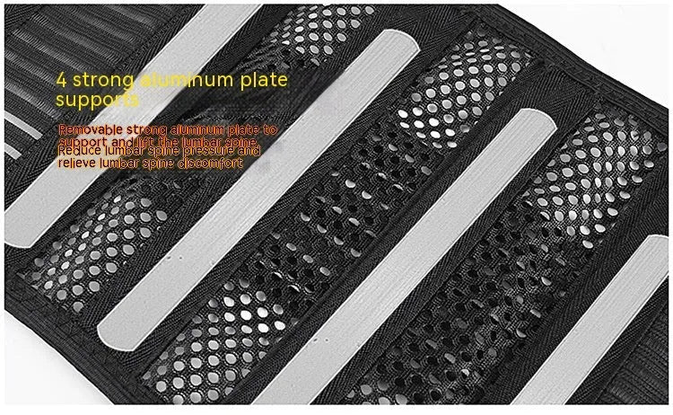Black sports waist support belt with internal steel plate for lumbar protection, shown with size labels.