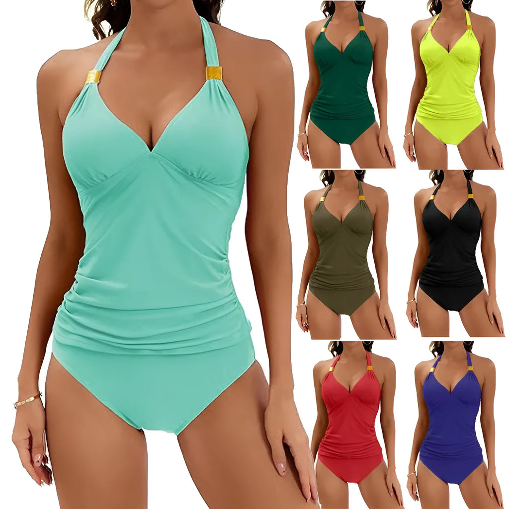 Women's halter neck bikini set in solid colour with V-neck top and matching shorts
