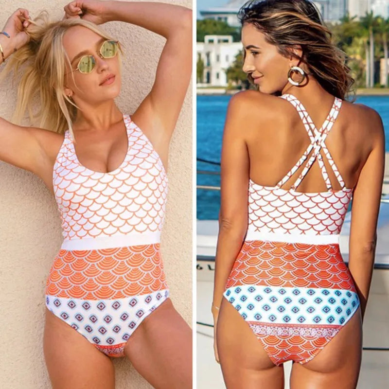 Ladies conservative printed cross bikini swimsuit in polyester with floral pattern for swimming