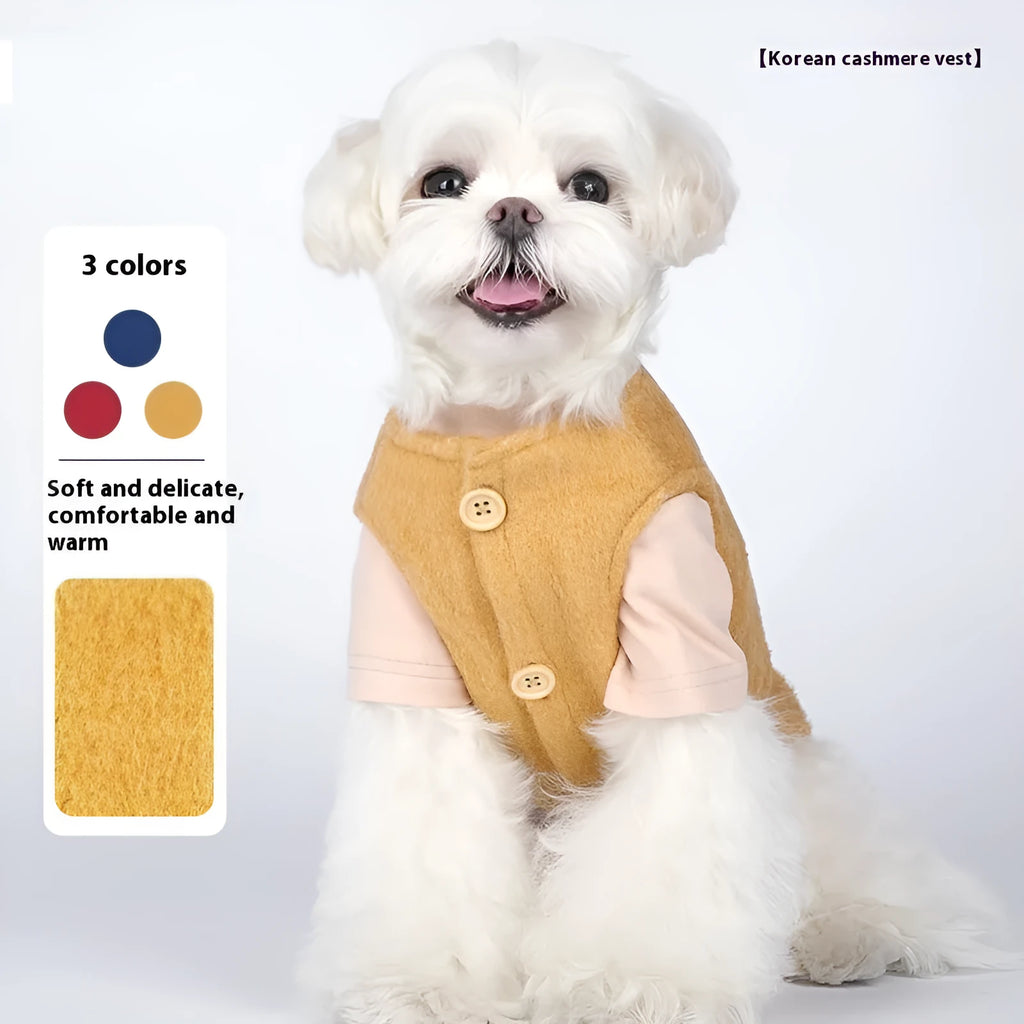Small dog wearing a yellow knitted cotton winter vest, showcasing the Korean-style casual design.