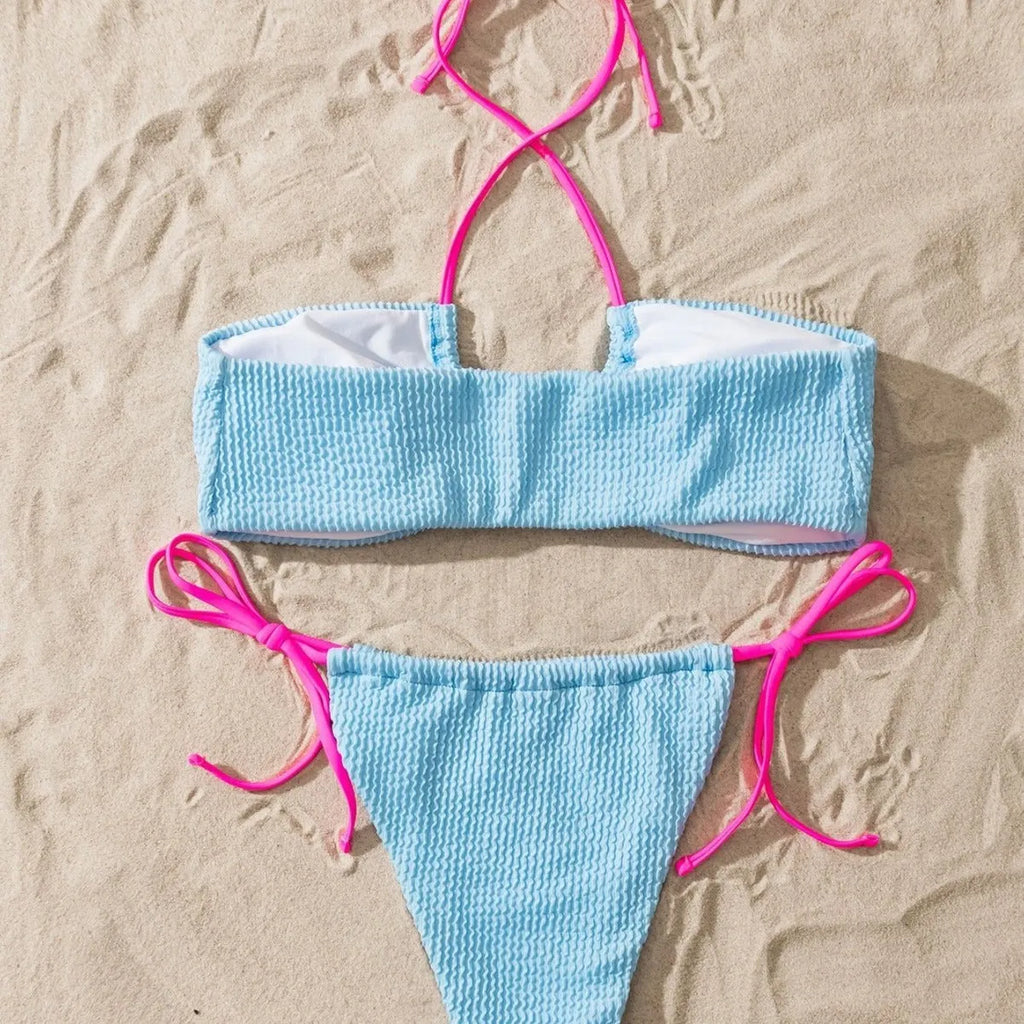 Women's halter neck lace-up separated swimsuit in solid colour with brief styling