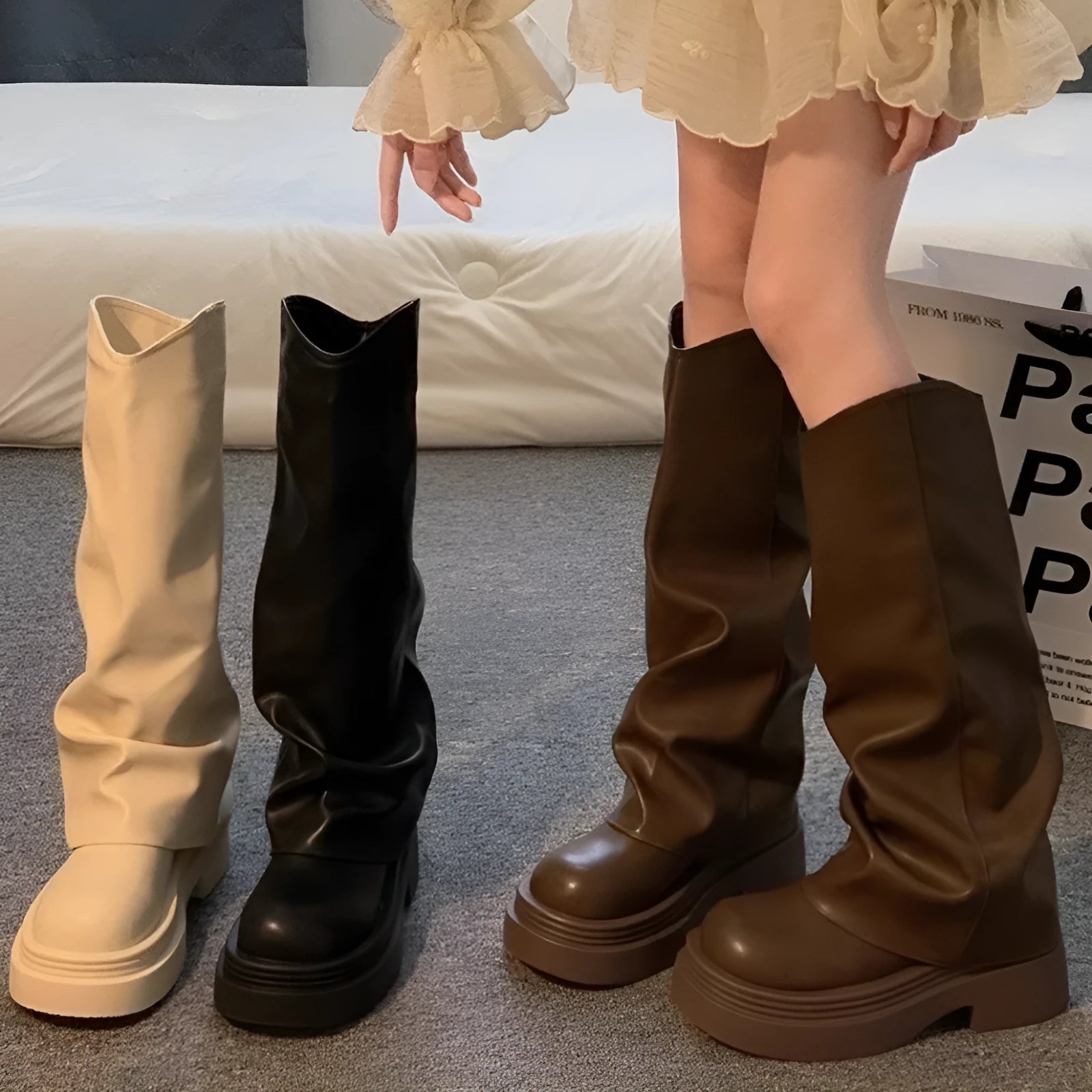 Women's autumn round toe high cylinder platform boots in beige, brown, and black, PU upper and rubber sole