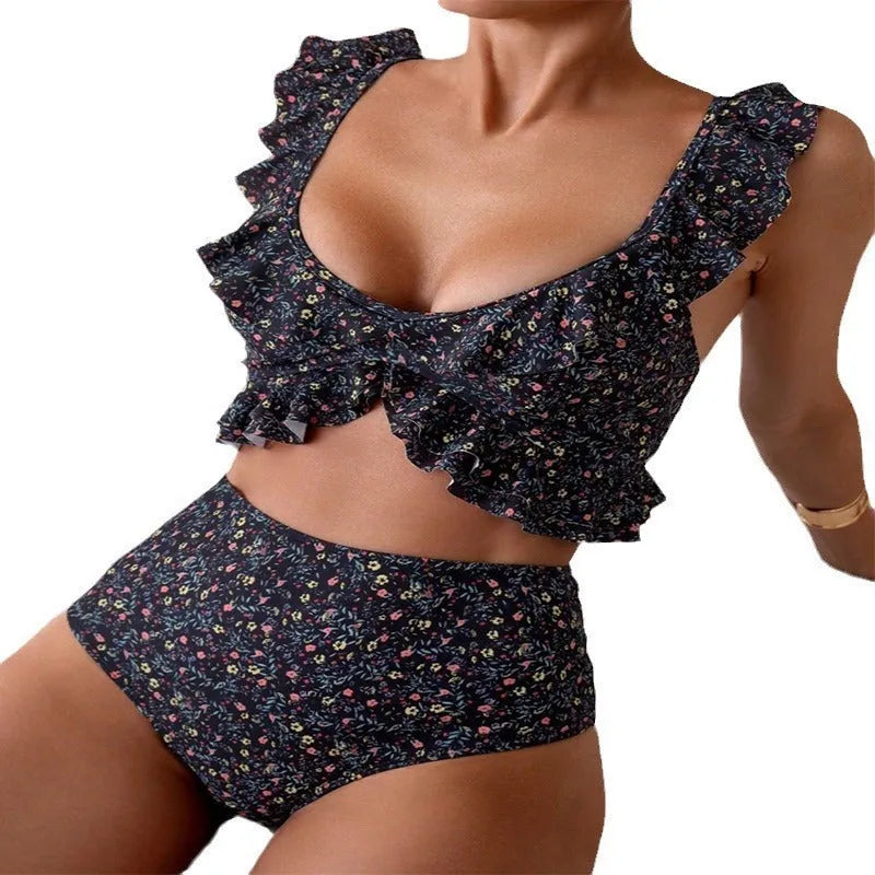 Women's floral flounce split backless swimsuit set in polyester on black background
