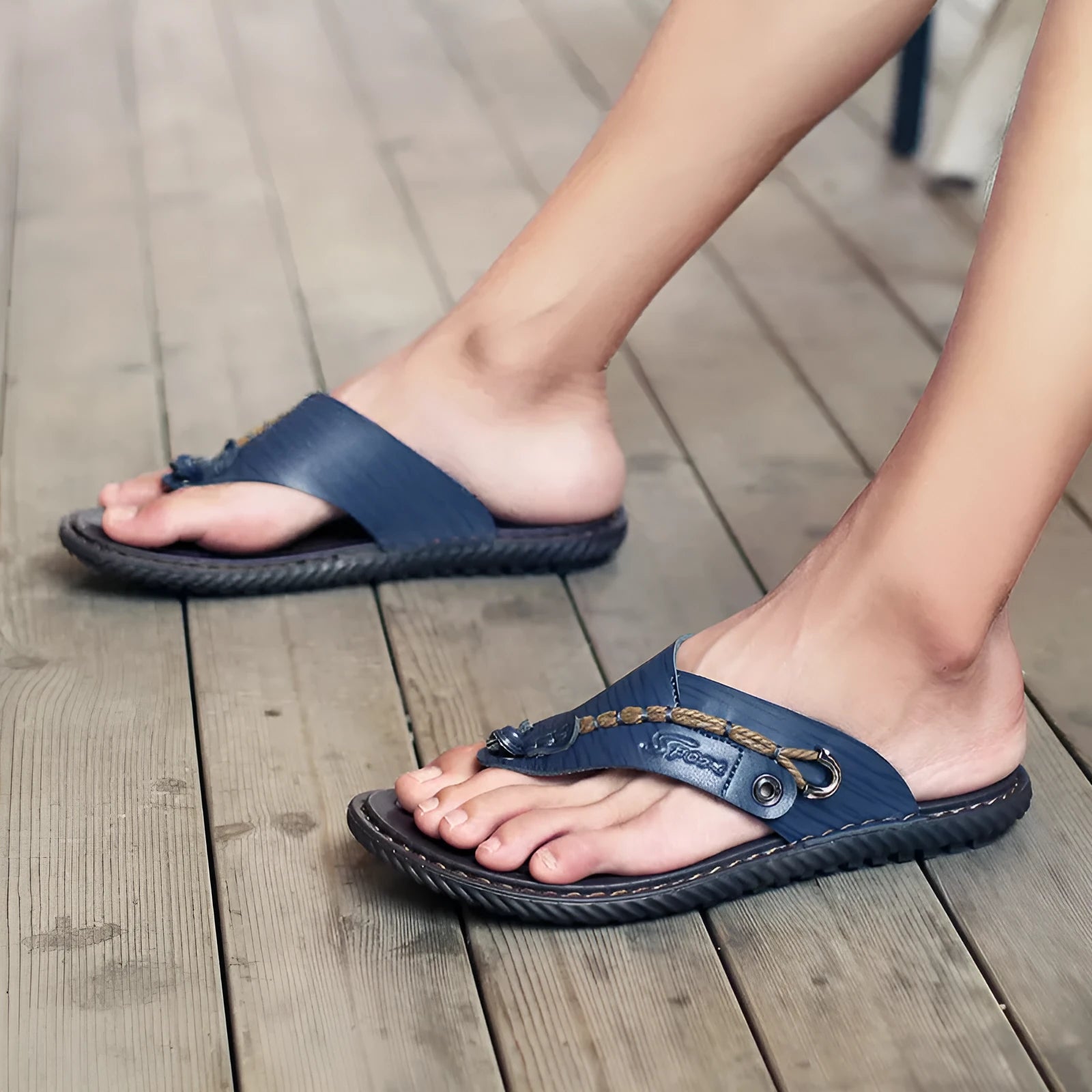 Men's black PU leather casual slippers with a non-slip sole, shown from the side.