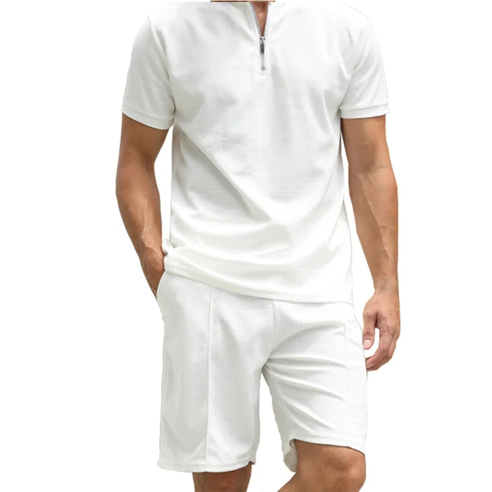 Men's solid colour polo shirt and trouser two-piece set in beaded bird's eye polyester fabric