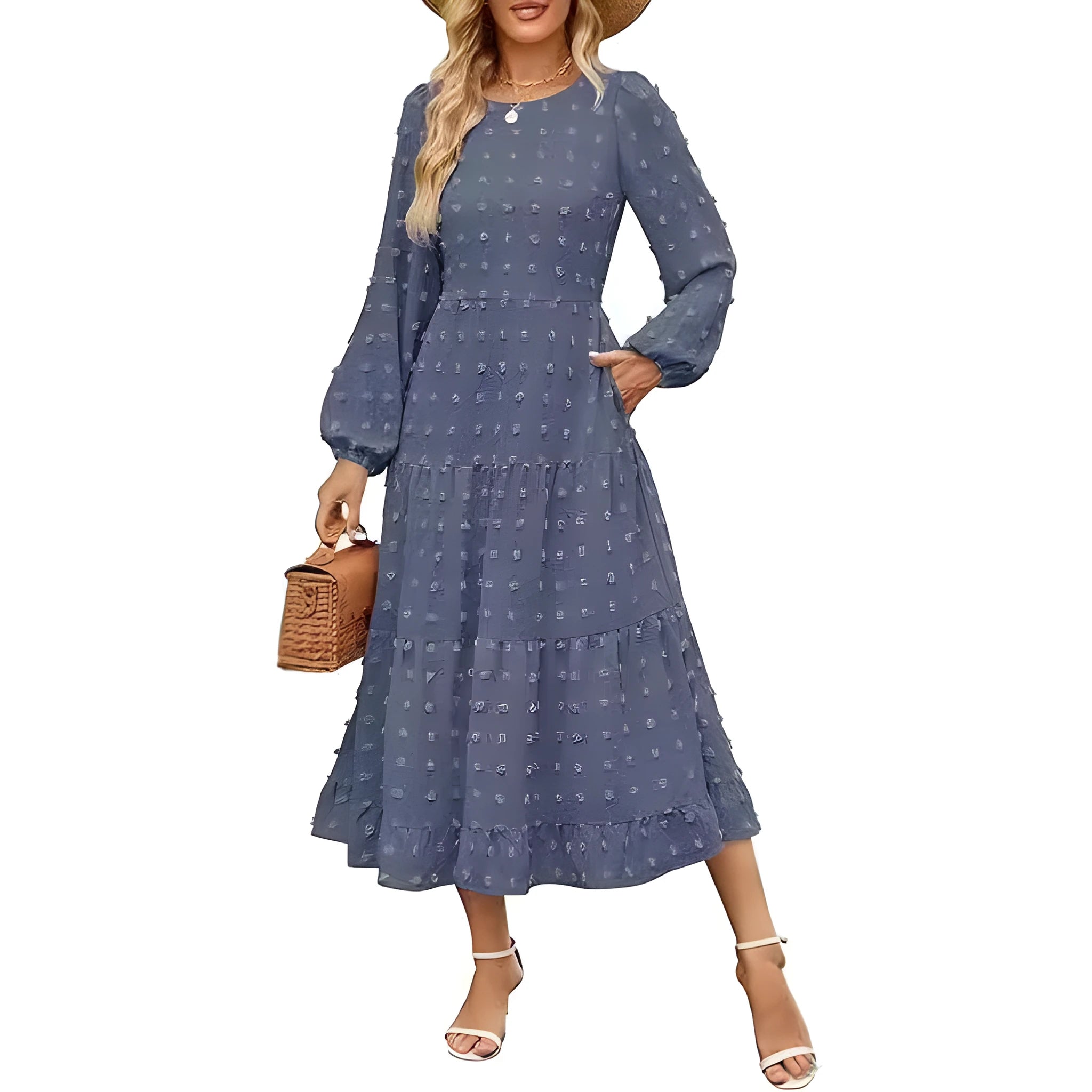 Women's beige high waist long sleeve dress with ruffle sleeves, shown front view.