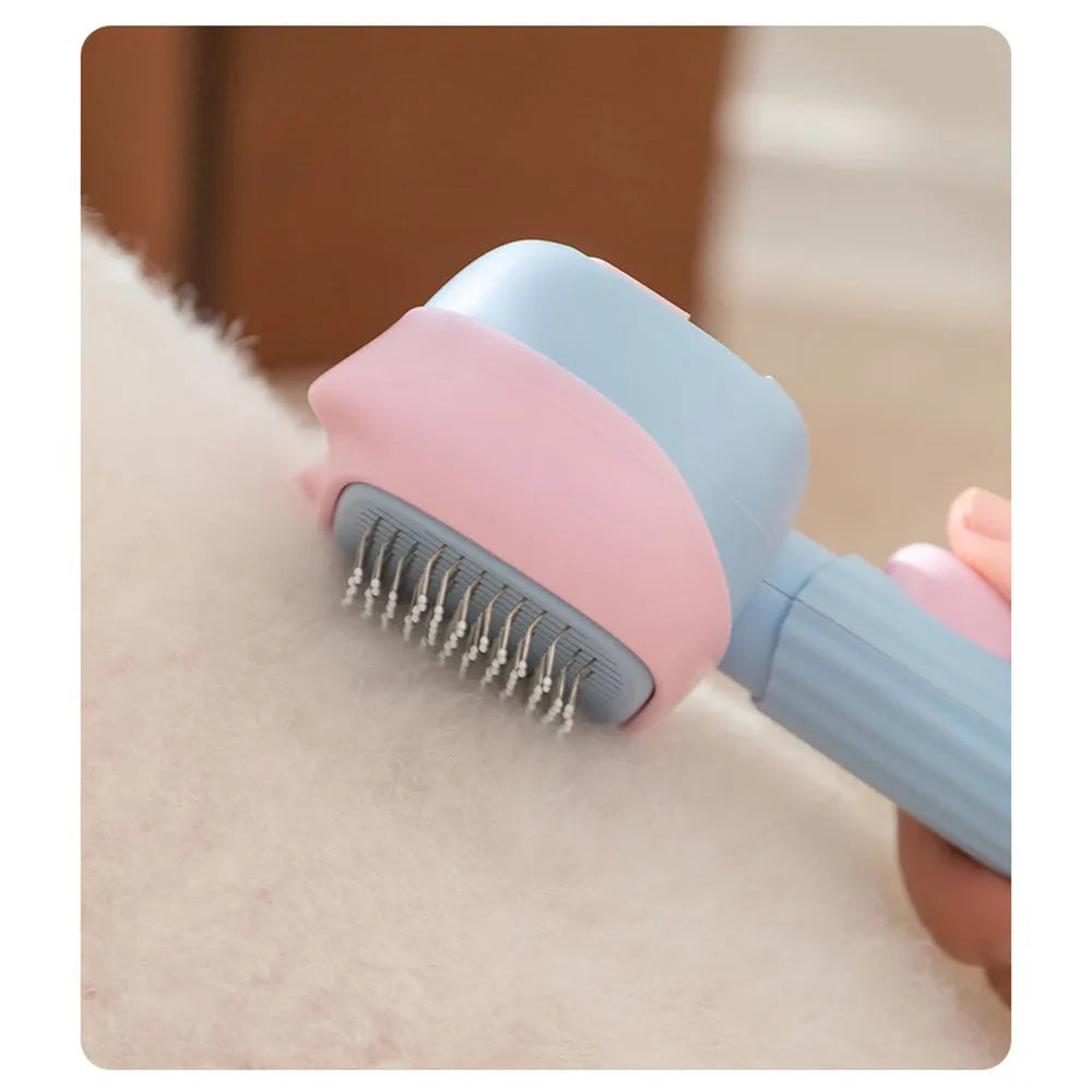Blue and green double-sided pet grooming brush with dematting comb and undercoat rake on a 195mm handle.