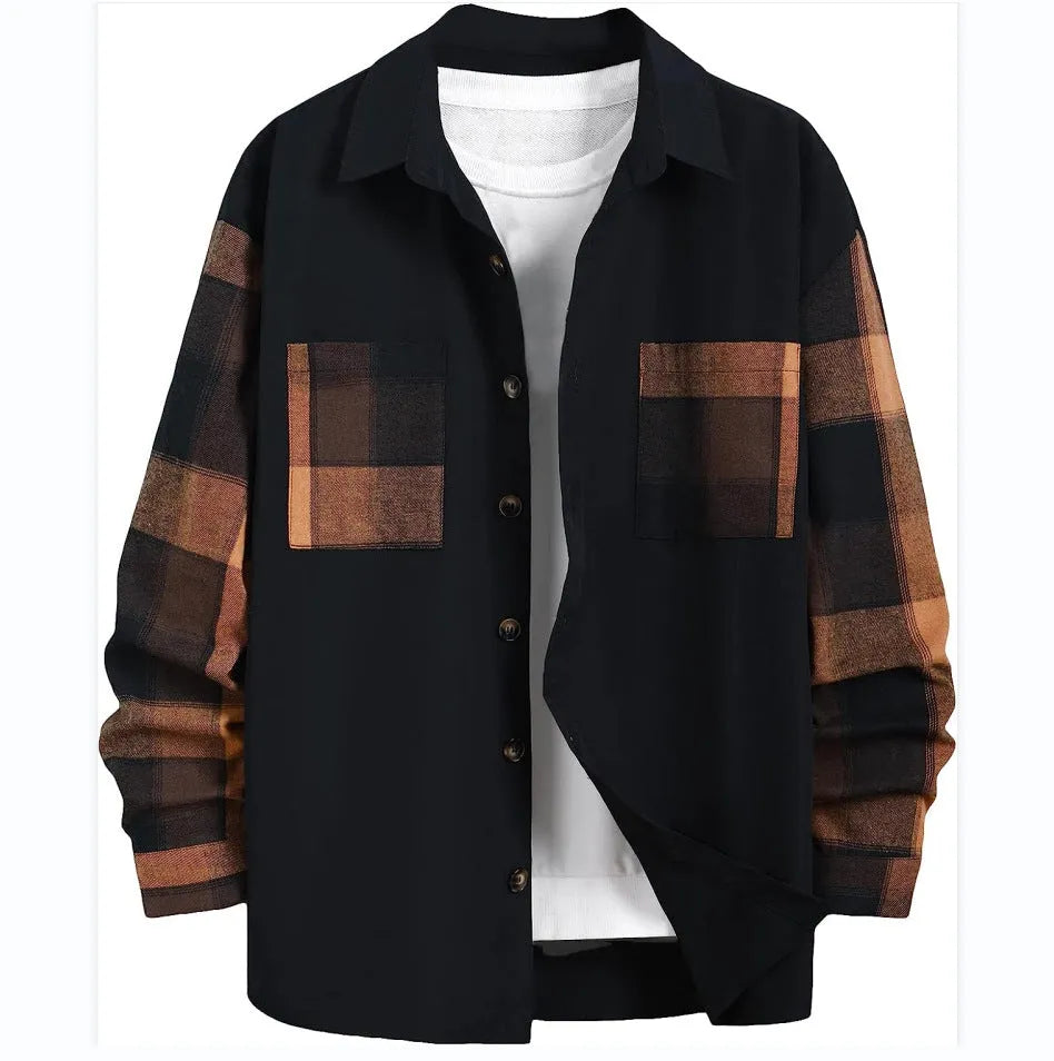 Men's cotton plaid long sleeve shirt in orange or green, loose cardigan style, sizes S to XXXXL