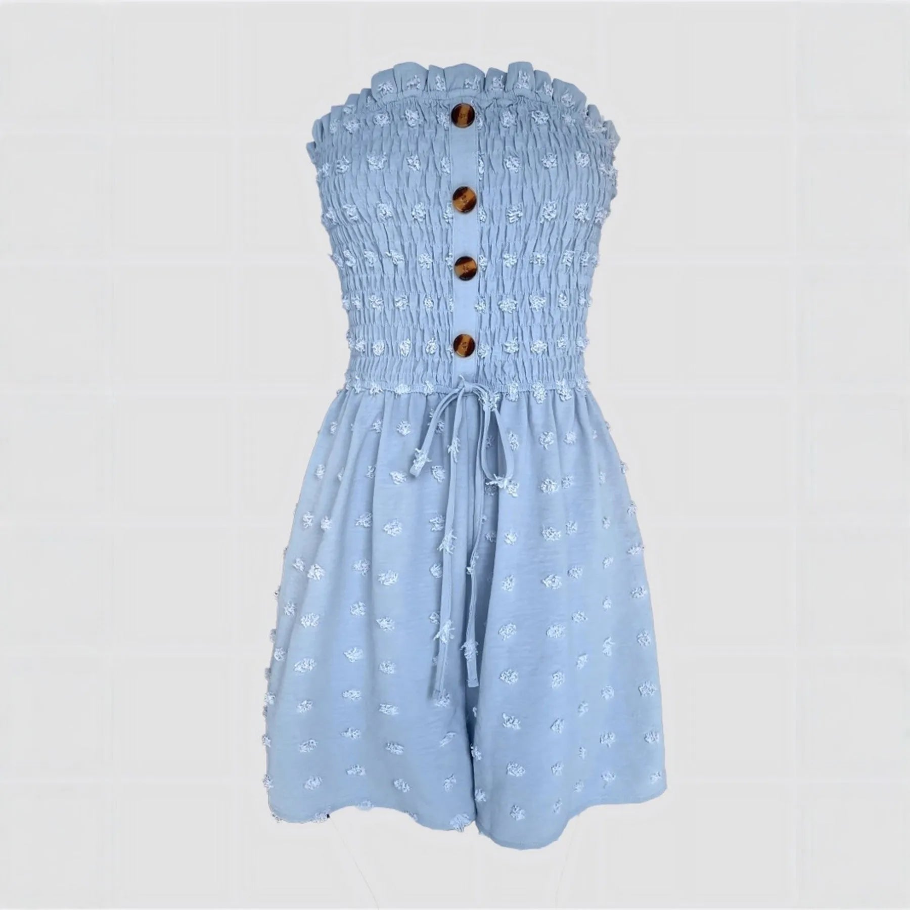 Blue off-shoulder women's jumpsuit with sleeveless design and mid waist on mannequin