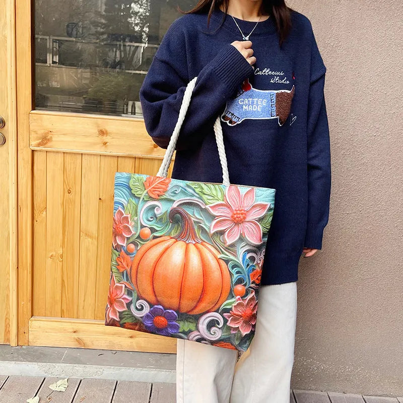 Horizontal square cotton linen shoulder bag with double straps and open front pocket