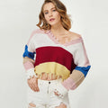Colour-block striped deep V-neck irregular sweater for women, loose long-sleeve pullover in British style