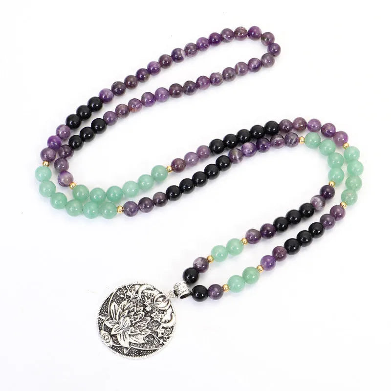 Dongling long yoga lotus pendant necklace and bracelet set with stone beads