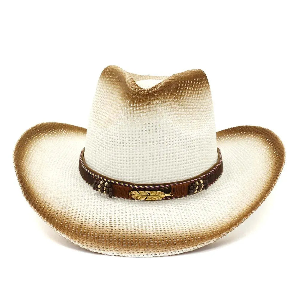 Western cowboy style straw hat with spray paint pattern and bell crown, shown in beige colour