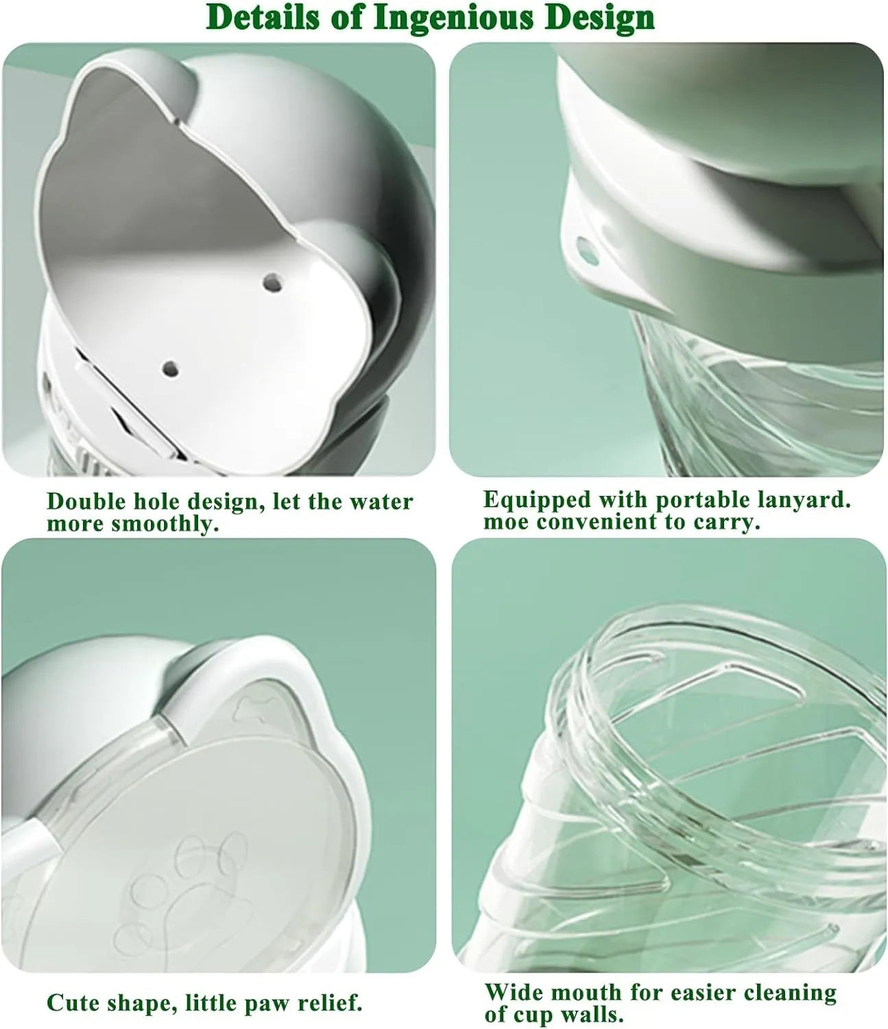 Green 3-in-1 portable pet water bottle with food container and bag dispenser, held by its strap.
