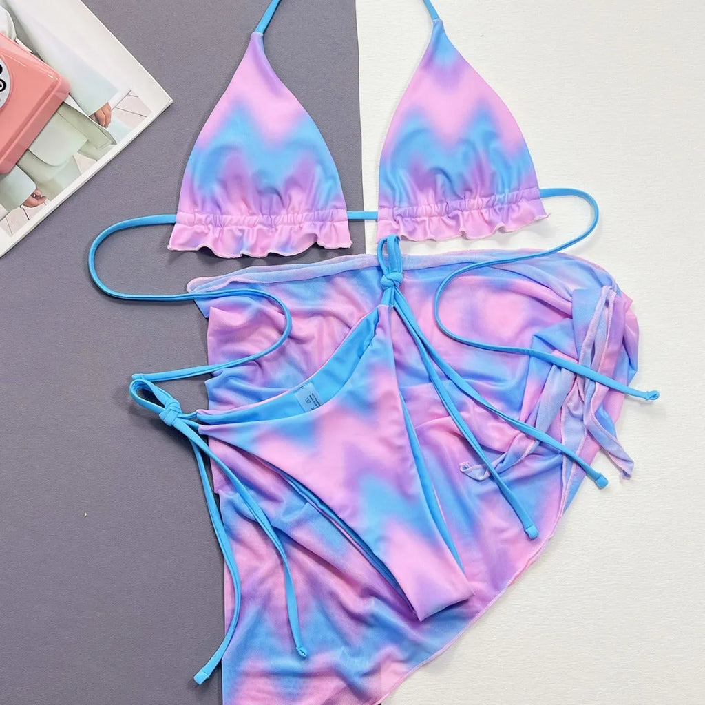 Women's tie-dye bikini swimsuit set with skirt for swimming activities