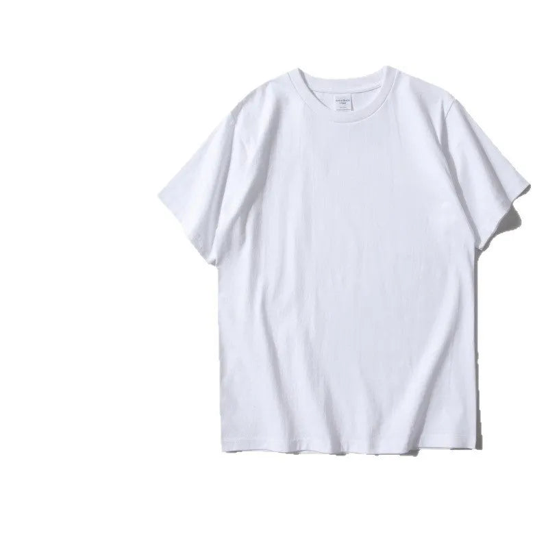 Heavy cotton loose fit short sleeve T-shirt in solid colours on a size chart background.