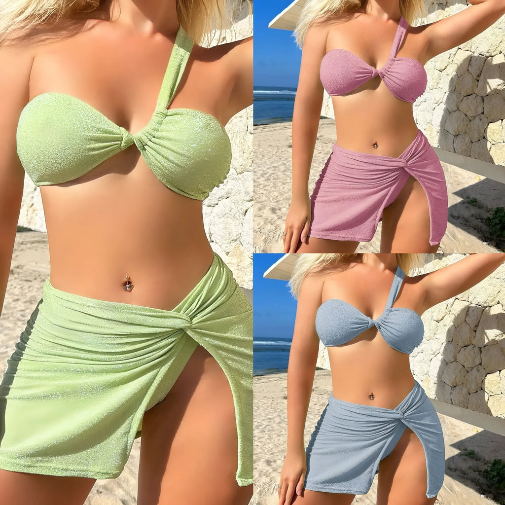 Women's one-shoulder tube top glossy polyester swimsuit three-piece set in light green, shown with pants and skirt