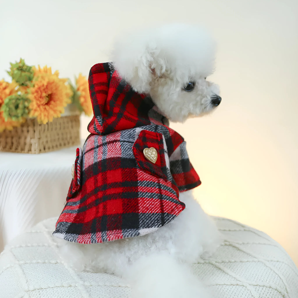 Red plaid dog trench coat shown alongside black houndstooth version, displaying five size options for pet clothing