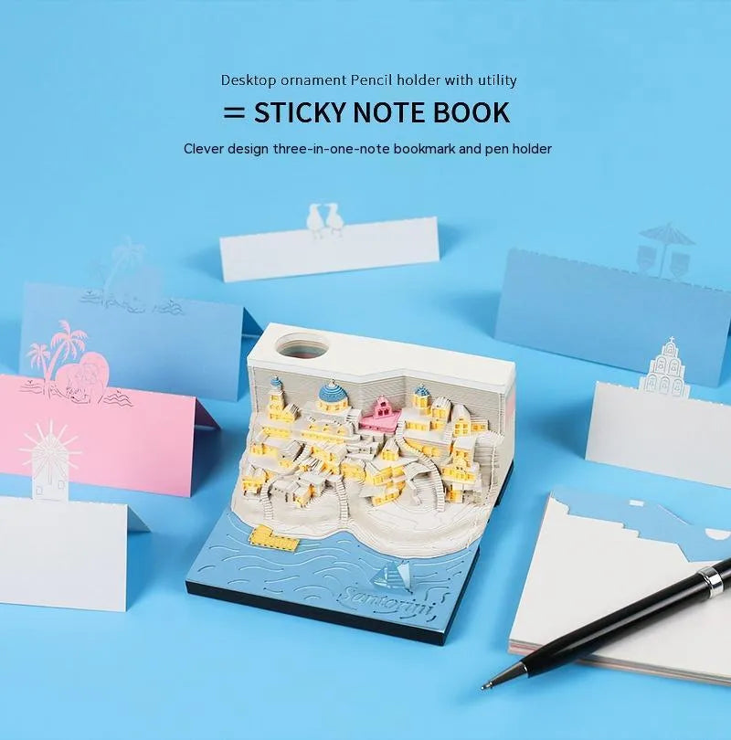Santoorini 3D paper carving notepad model with LED lights, showing layered beach construction.