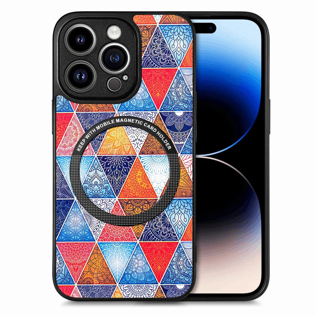 Two-in-one magnetic suction phone case for iPhone 14 or 15, purple scales colour, with silicone outer layer and plastic shell cutouts visible