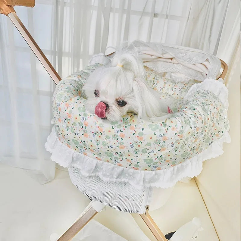 Cotton pet stroller set with anti-dirty towel, cushion, and pillow in a striped pattern.
