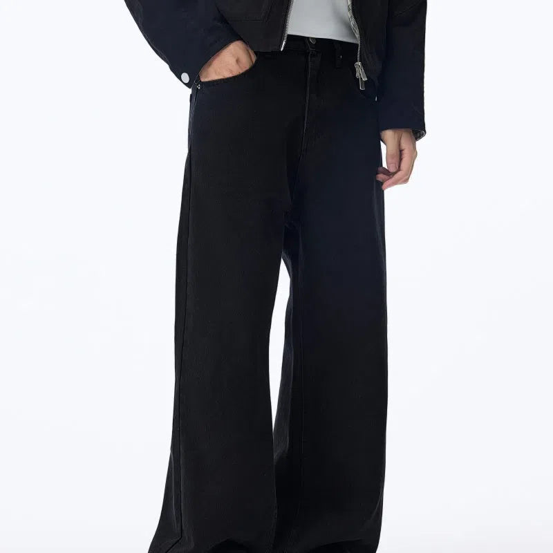 Black straight-leg men's jeans with fleece lining, cotton material, zipper fly, available in Asian sizes 28-38