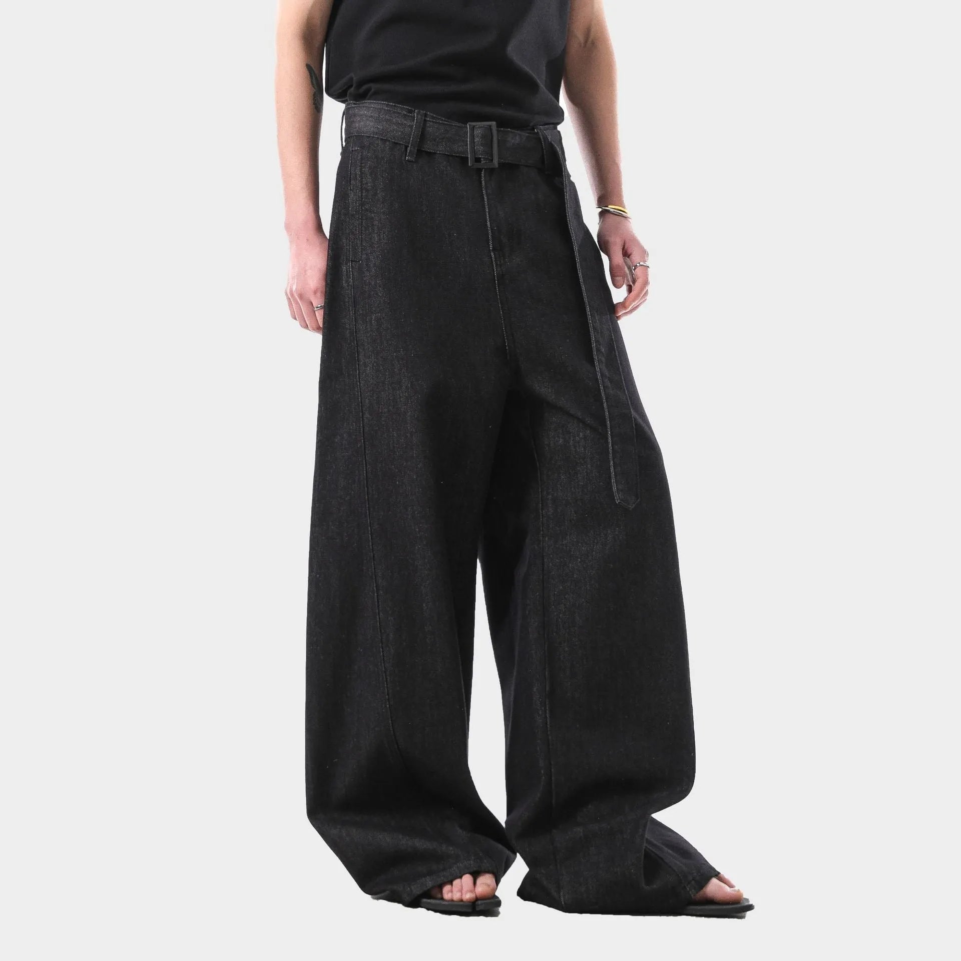 Black high waist straight leg jeans with gold stitching in American retro style