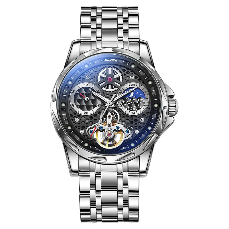 Men's automatic business watch with luminous hands on steel bracelet
