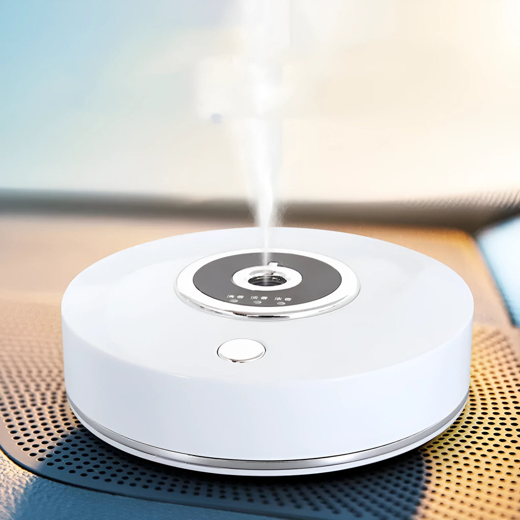 USB car air freshener unit in choice of black, grey or white colours with charging cable and anti-slip pad