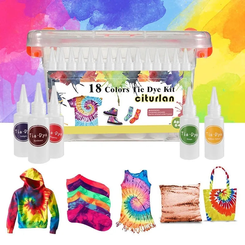 Children's 18 colour tie dye powder set with 30ml bottles, accessories and storage box