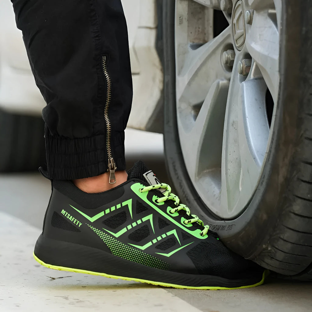Black lightweight safety shoes with steel toe caps and lace-up front