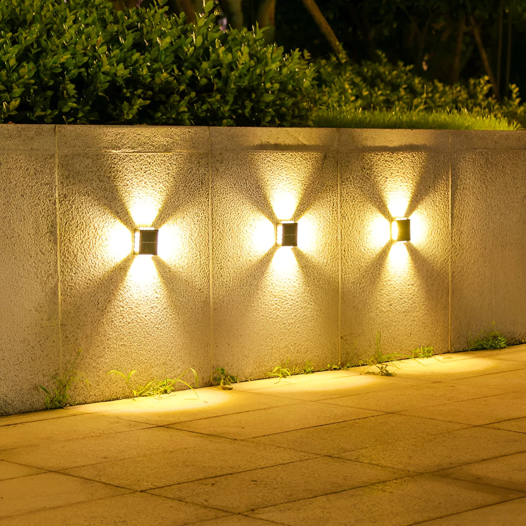 Solar outdoor wall lamp with convex mirror, IP65 rated, 85mm x 24mm, available in 10LED to 16LED warm or white light.